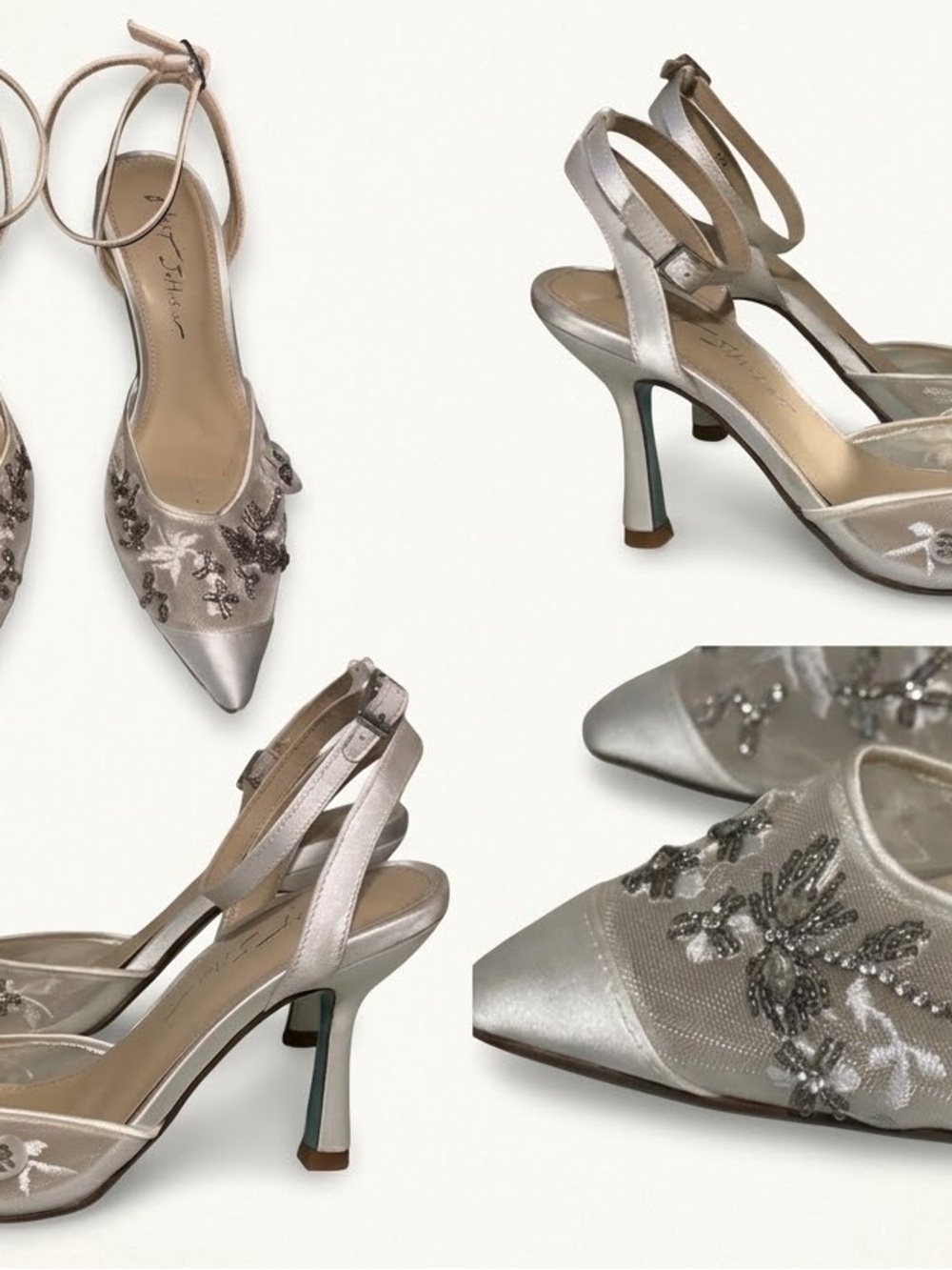 Betsey Johnson Silver Satin Pointed-Toe Embellished Slingback Heels